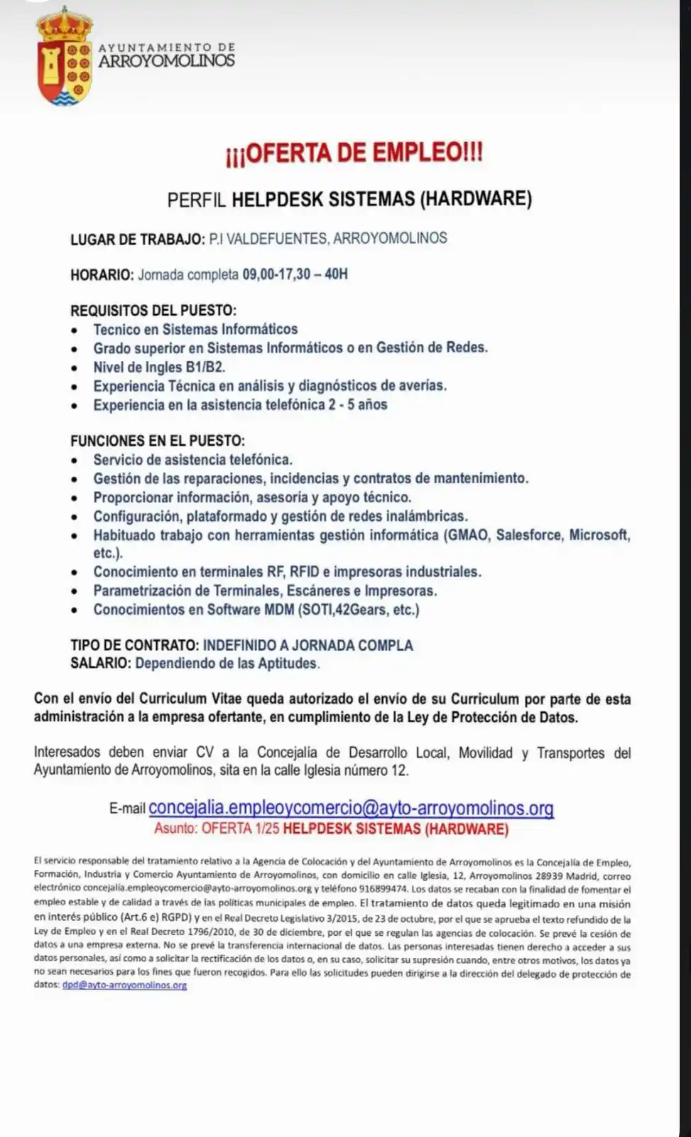 Image from ARROYOMOLINOS INFORMACIÓN : 📢 ¡OFERTA DE EMPLEO! Perfil: Helpdesk Sistemas (Hardware) 📍 Lugar: P...