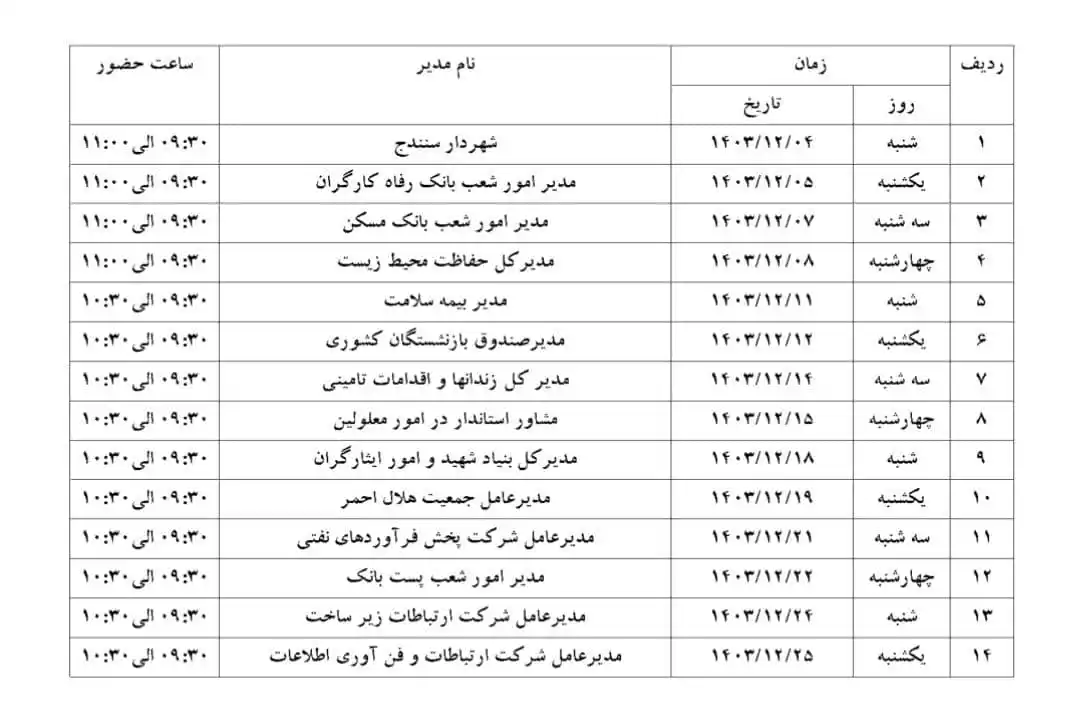 Image from استانداری کردستان: ✅ برنامه زمان‌بندی اسفند ماه ۱۴۰۳ حضور مدیران دستگاه‌های اجرایی استان ...