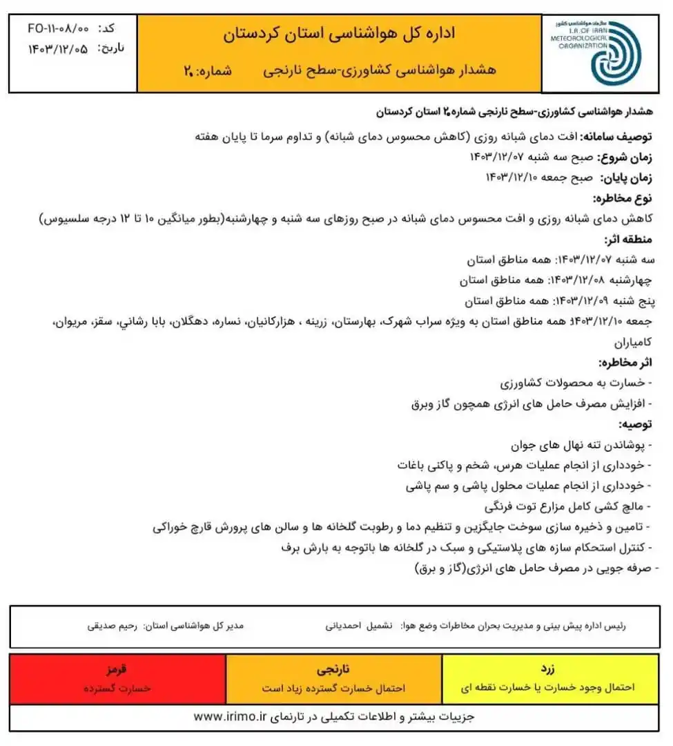 Image from استانداری کردستان: 🔶 هشدار شماره ۲۰ سطح نارنجی اداره کل هواشناسی استان کردستان  💠 کاهش ...