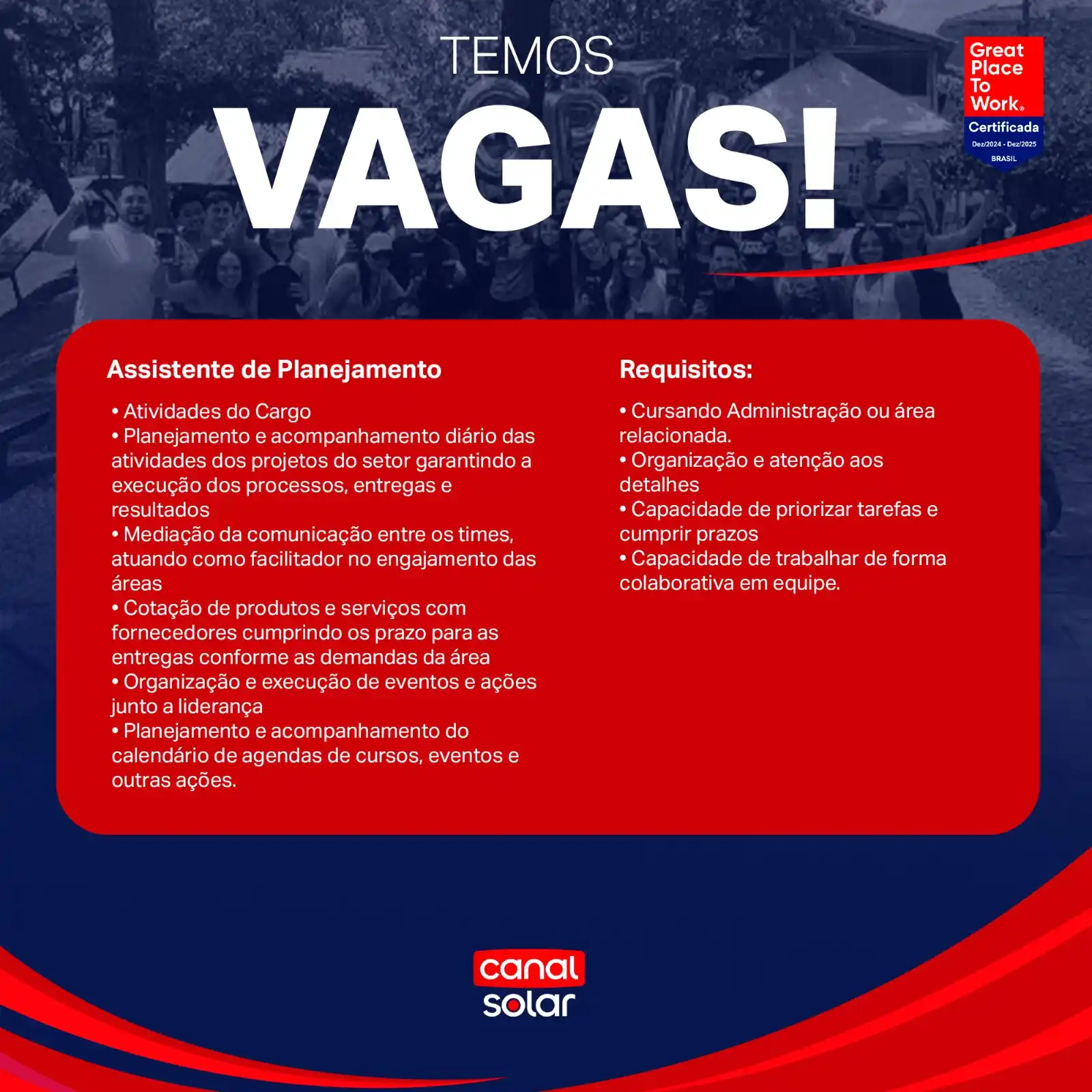 Image from Canal Solar News: 🚨 Temos vaga nova no time! 🚨 Estamos em busca de um Assistente de P...