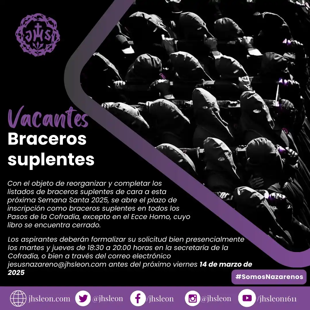 Image from Cofradía del Dulce Nombre de Jesús Nazareno: *Inscripción de braceros suplentes* ℹ️+info 🔗https://acortar.link/ajG...