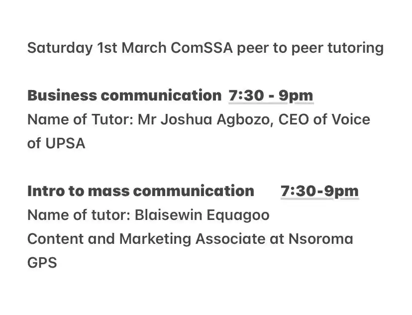 Image from ComSSA_UPSA: Today, we have *business communication* and *intro to mass communica...