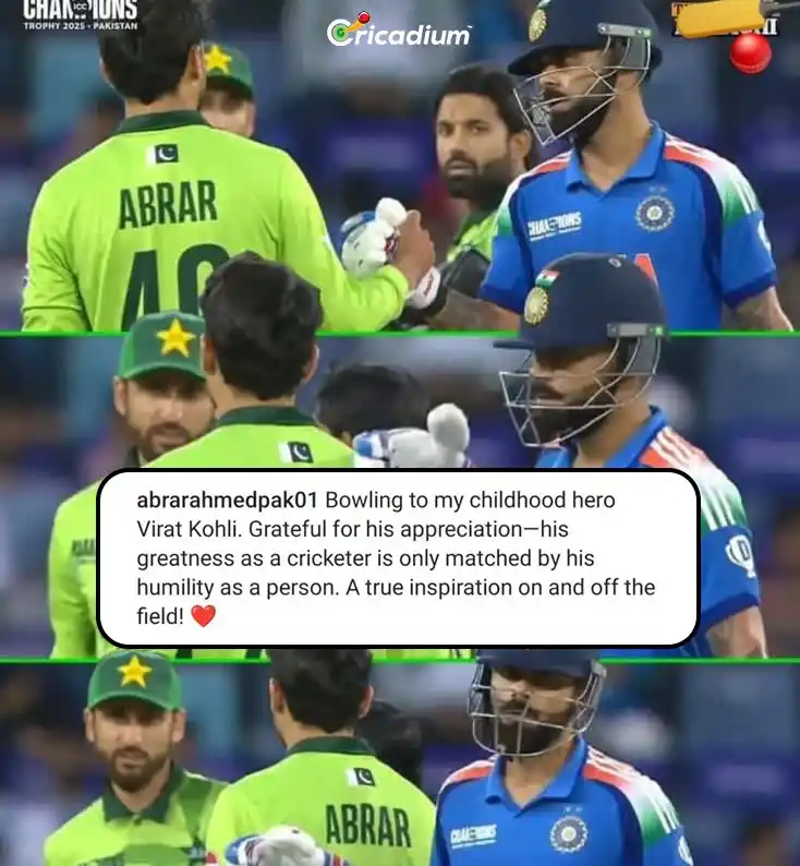 Image from Cricadium🏏: Abrar Ahmed's latest Instagram post for Virat Kohli. 🏏 <a class="tex...