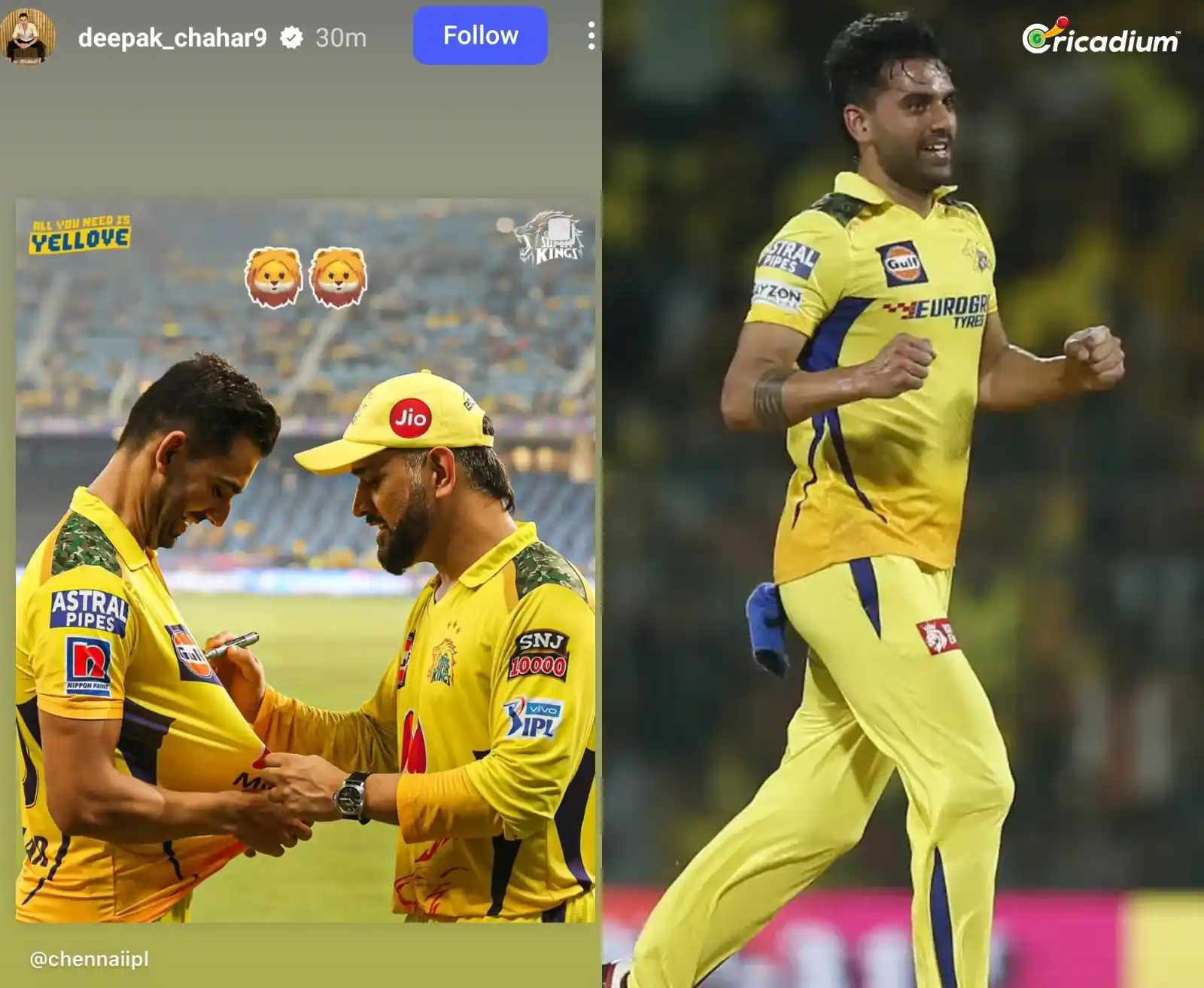 Image from Cricadium🏏: Deepak Chahar's Instagram story. 💛 <a class="text-blue-500 hover:und...