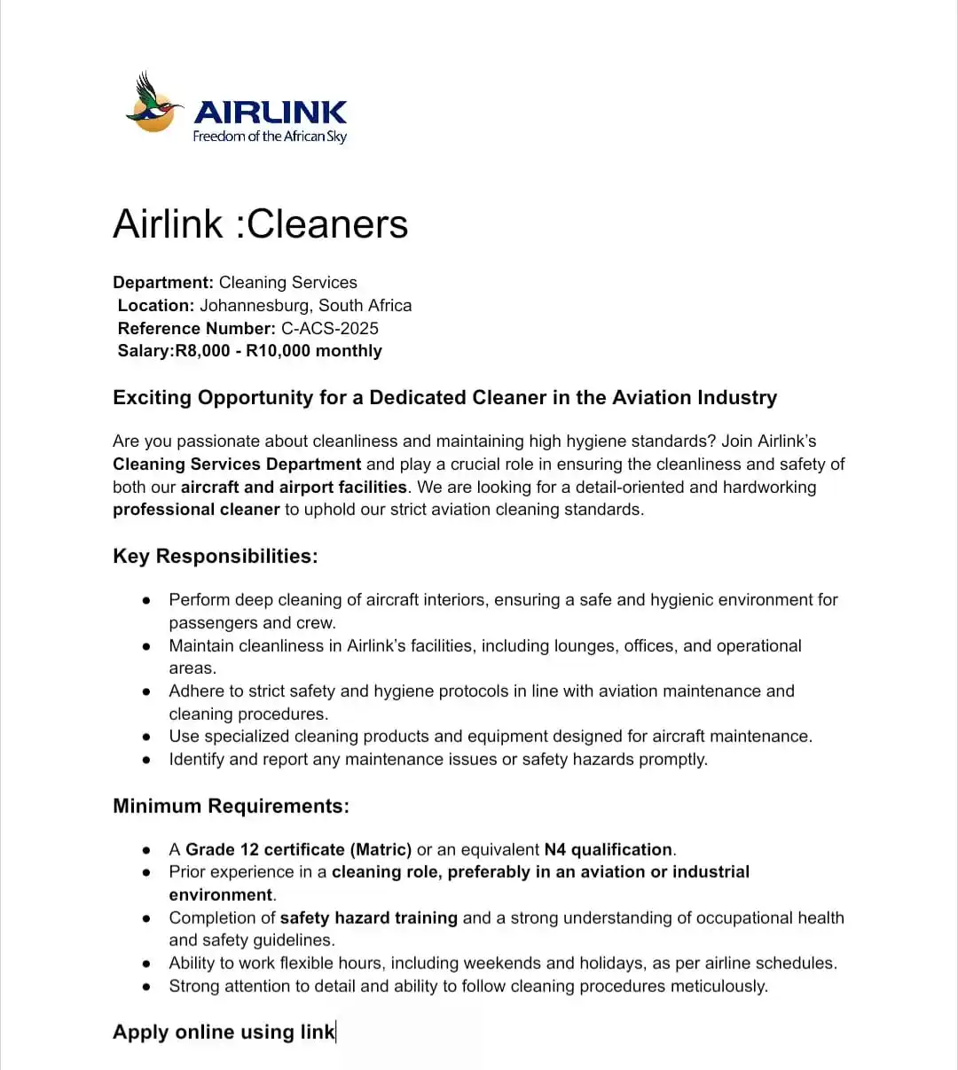 Image from dailyspark: CLEANING JOB ALERT  Airlink is hiring Cleaners! Join their team and en...