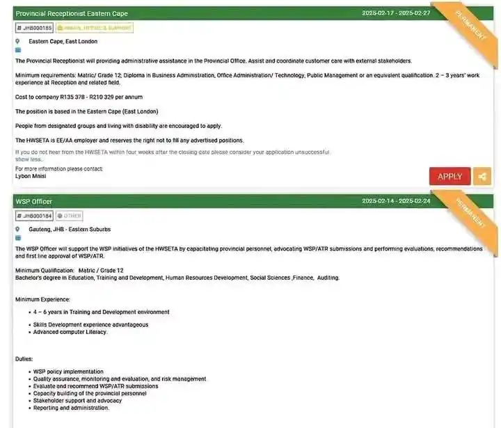 Image from dailyspark: Provincial Receptionist  WSP Officer   HWSETA   Closing Date 27 Februa...