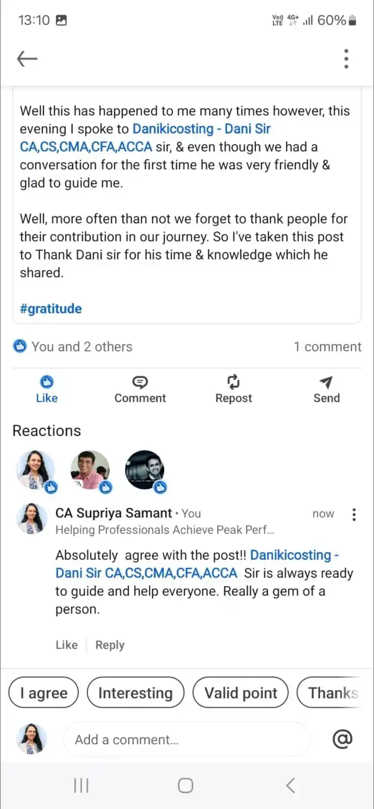 Image from Dani ki Costing®️: Thank you SoSo much Dear CA Supriya ❤️🙏https://www.linkedin.com/posts...