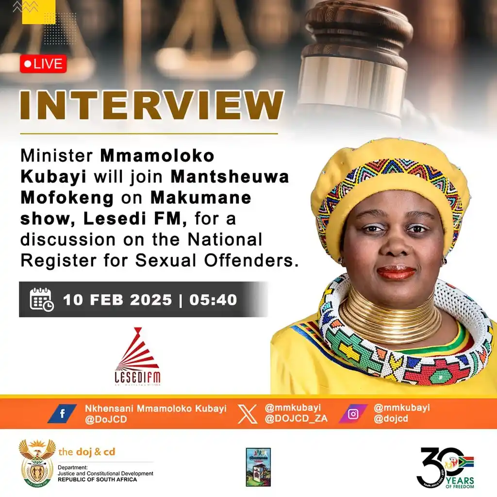 Image from Department of Justice & Constitutional Development: [PLEASE TUNE IN] Minister Mmamoloko Kubayi joins Mantsheuwa Mofokeng o...