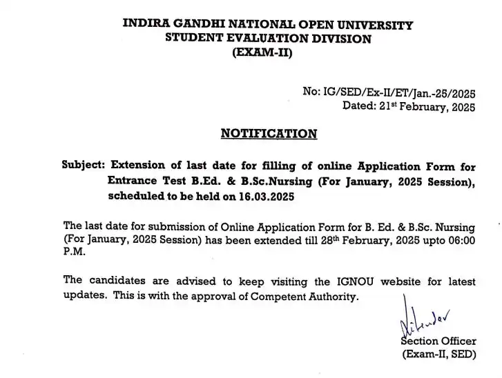 Image from Digital Gyankosh: Notification for extension of last date for B.Ed and BSCN...