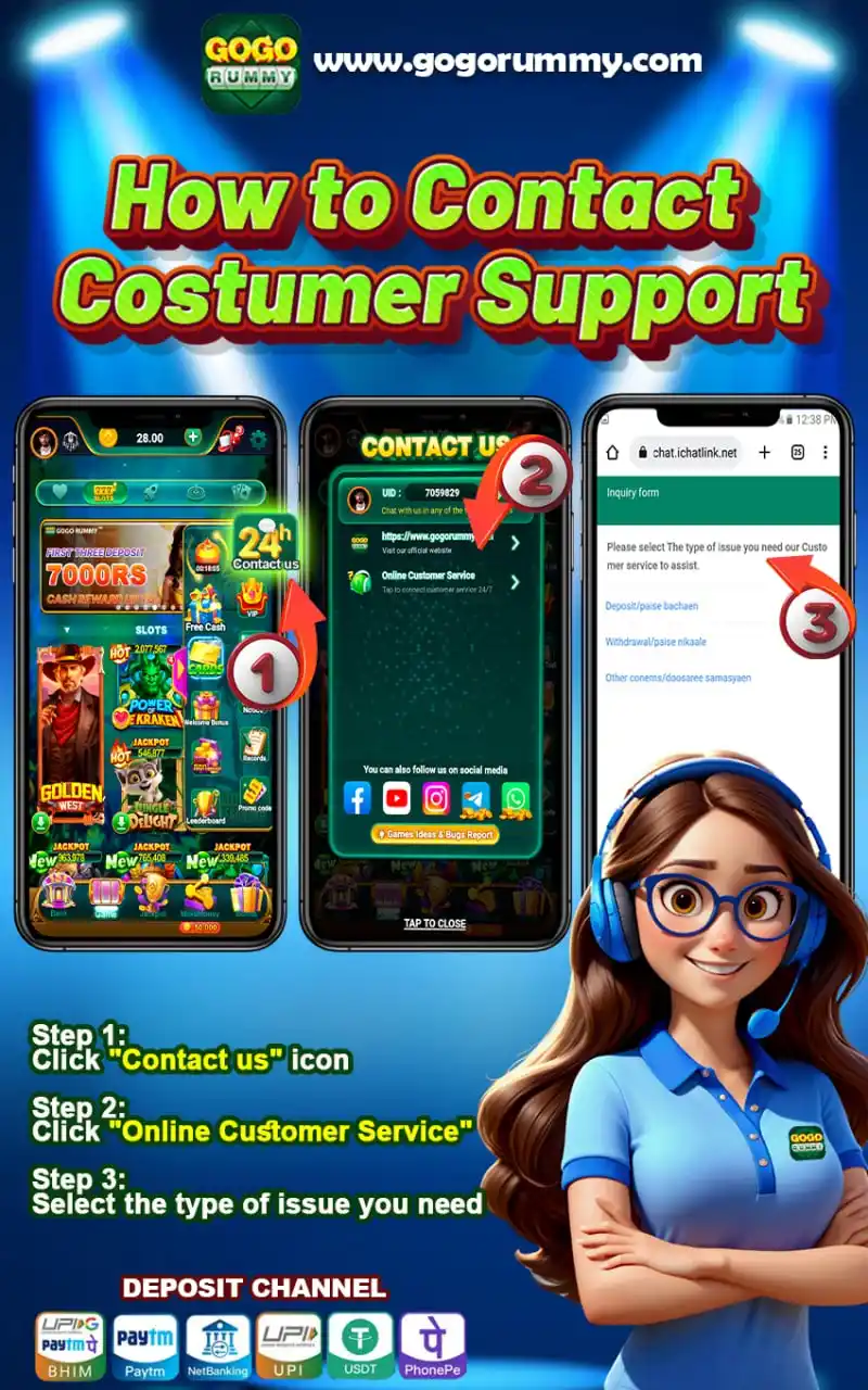 Image from GoGoRummy Official: 🥳📞 2️⃣4️⃣/7️⃣ Online Customer Service📞🥳  ➡️ Step 1. Click "Contact...
