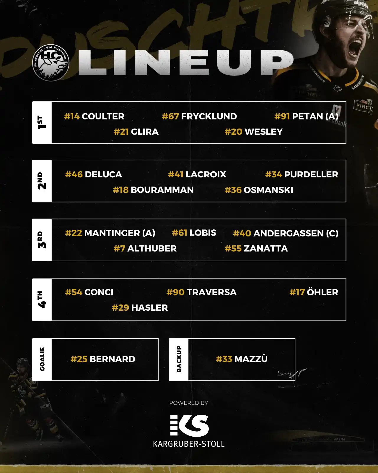 Image from HC Pustertal Wölfe: Unser Line-Up für das Auswärtsspiel gegen die Graz99ers präsentiert vo...