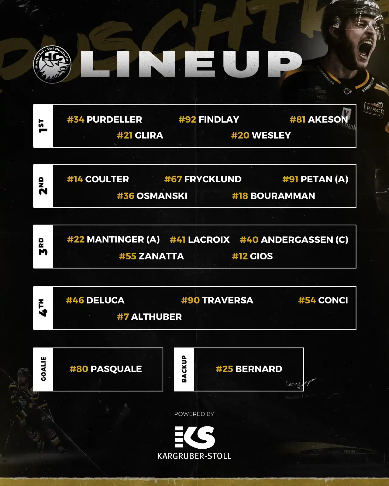 Image from HC Pustertal Wölfe: Unser Line-Up für das letzte Regular Season Spiel gegen den KAC das pr...