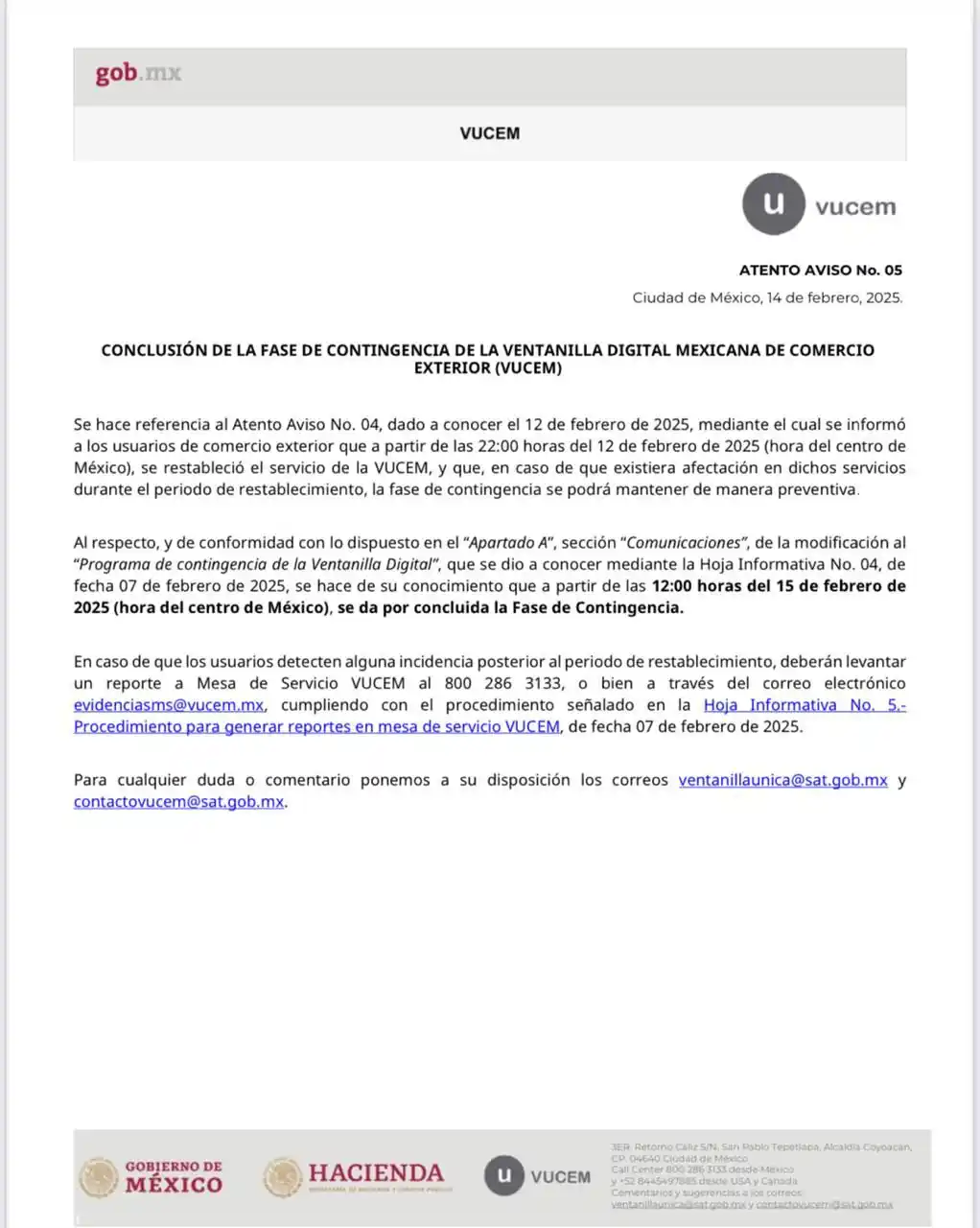 Image from IMMEX Nacional: AVISO No. 05 CONCLUSIÓN DE LA FASE DE CONTINGENCIA DE LA VUCEM....