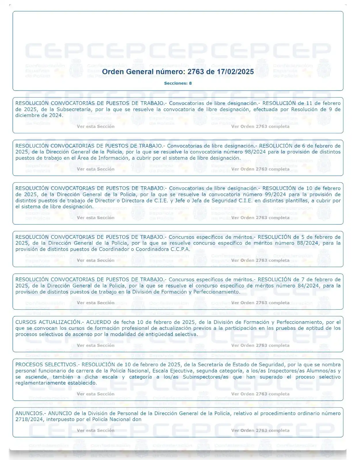 Image from InfoCEP: Orden General *2763* de *17 de febrero de 2025* https://cepolicia.net...