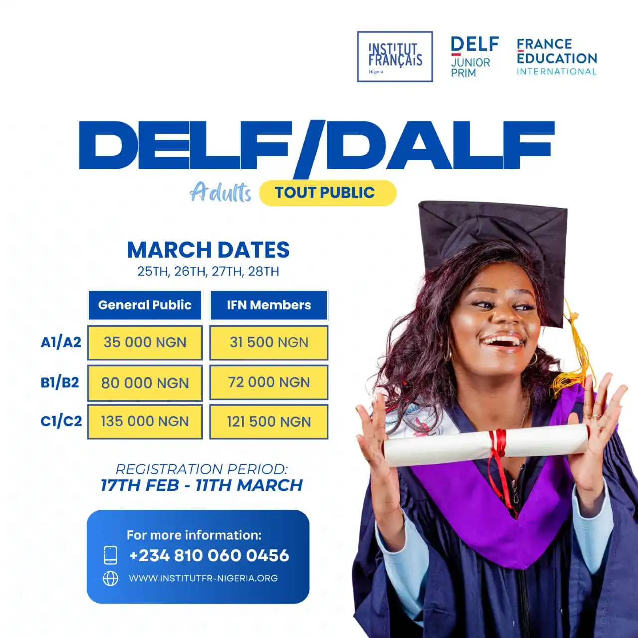 Image from Institut Français Du Nigeria: Registration is ongoing for the DELF/DALF Exams (Adults) in March ! To...