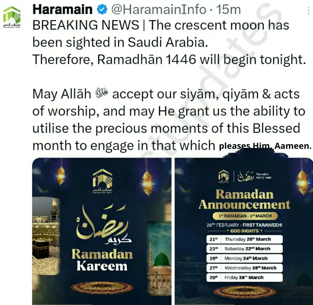 Image from #JkLatestUpdates: FLASH: The crescent moon has been sighted in Saudi Arabia. Therefore, ...