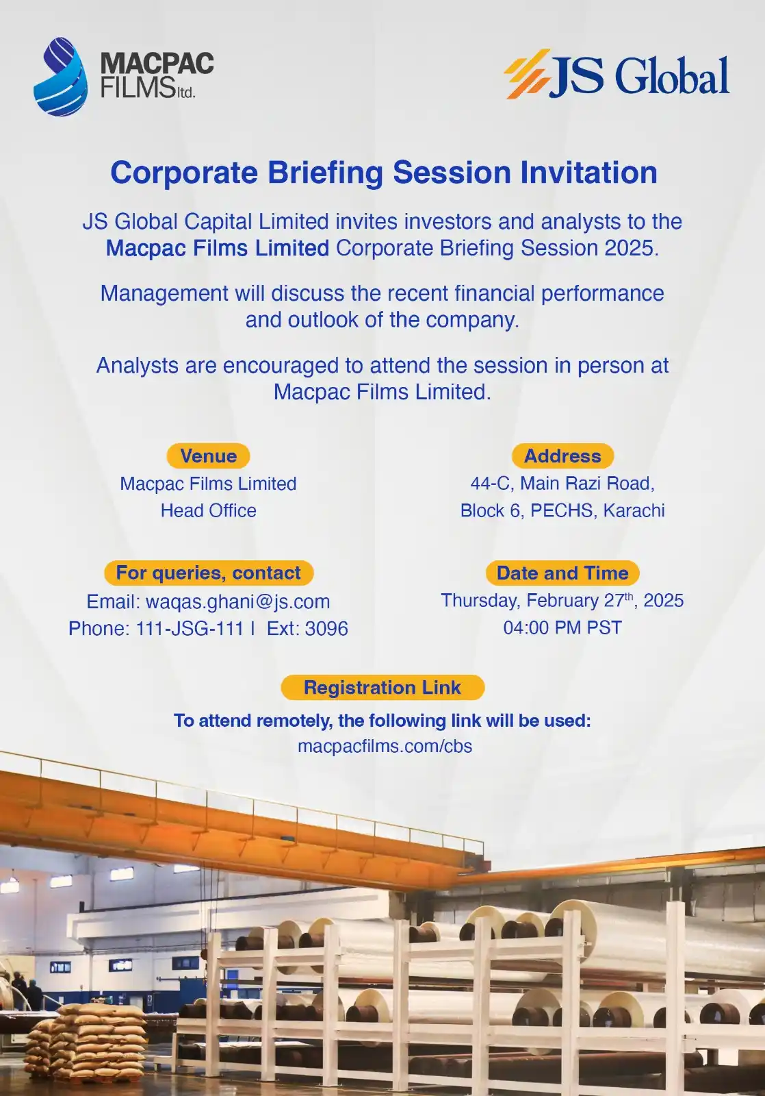 Image from Js Global Capital Limited: Join us for the Macpac Films Limited Corporate Briefing Session 2025! ...