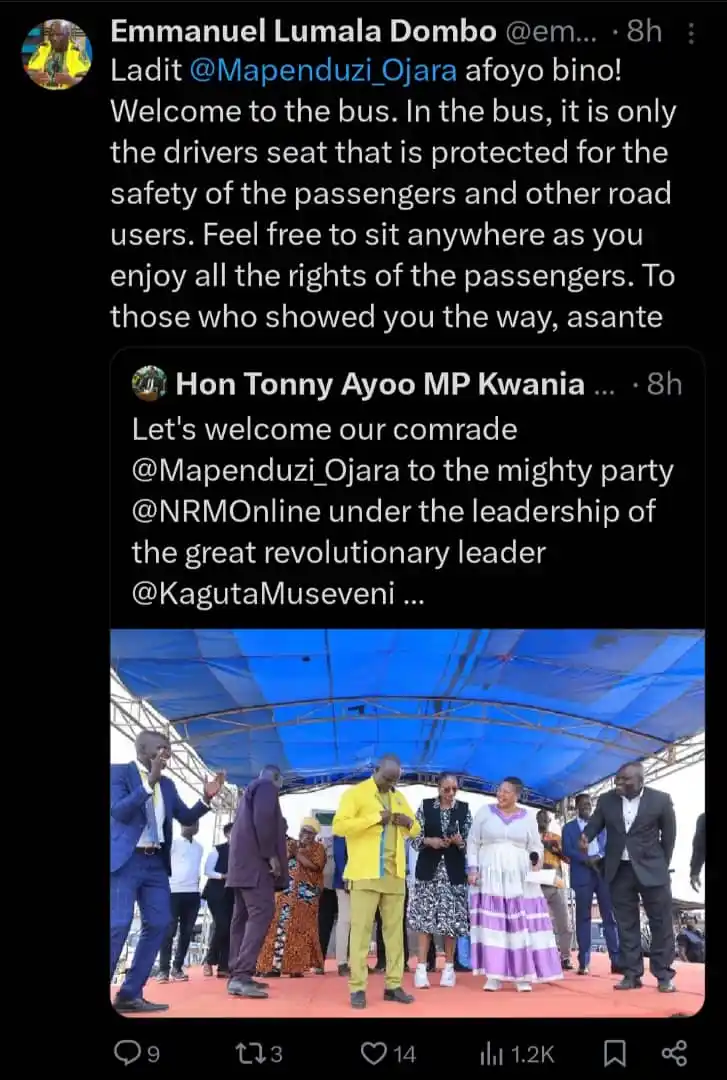 Image from Kumalo Daily: Hon. Ojara Mapenduzi Officially In The NRA - NRM Yellow Bus <a class="...