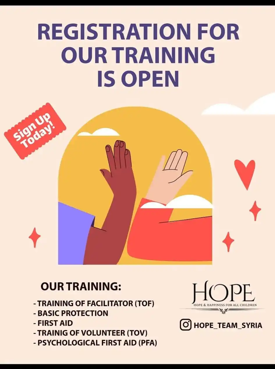 Image from لكل حلب: https://forms.gle/1soWvqnU72sj5bjBA  يعلن فريق HOPE  عن خمس تدريبات جد...