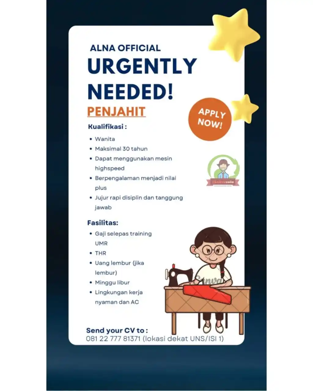 Image from Loker Solo: Info lowongan kerja di ALNA OFFICIAL sebagai : 1. PENJAHIT Kualifika...