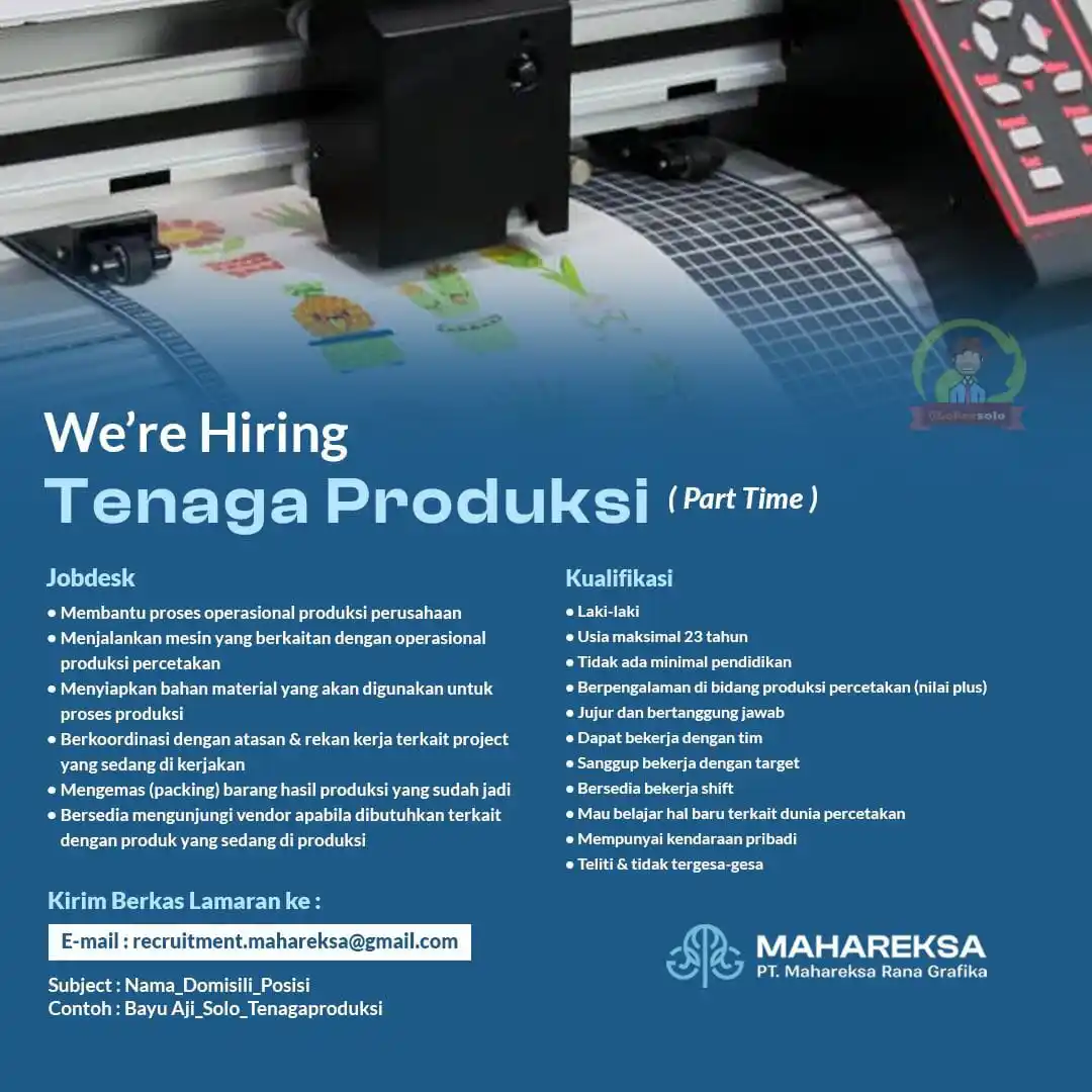 Image from Loker Solo: Info lowongan kerja di Mahareksa sebagai : 1. Tenaga Produksi Kualif...