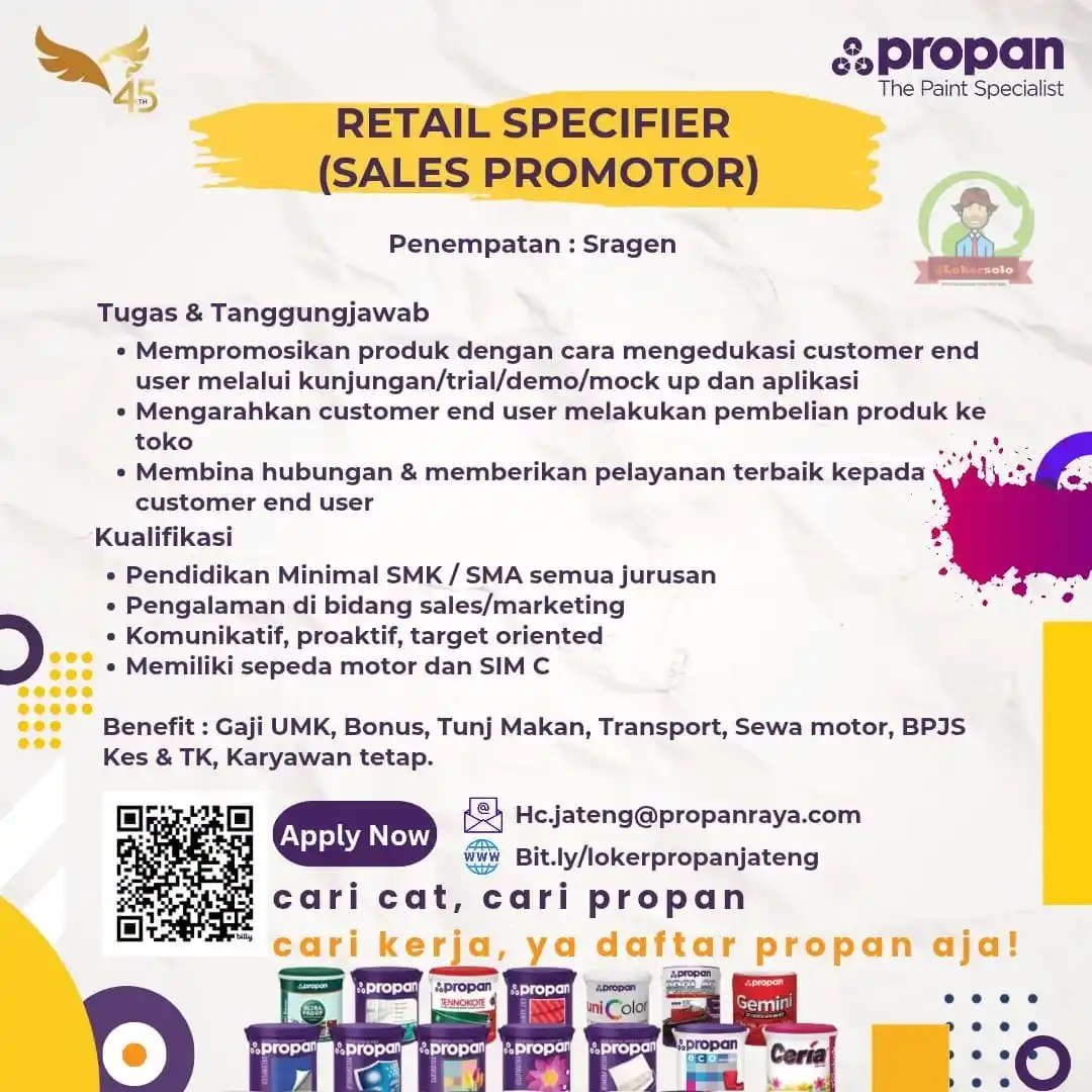 Image from Loker Solo: Info lowongan kerja di PT Propan Raya sebagai : 1. RETAIL SPECIFIER (...