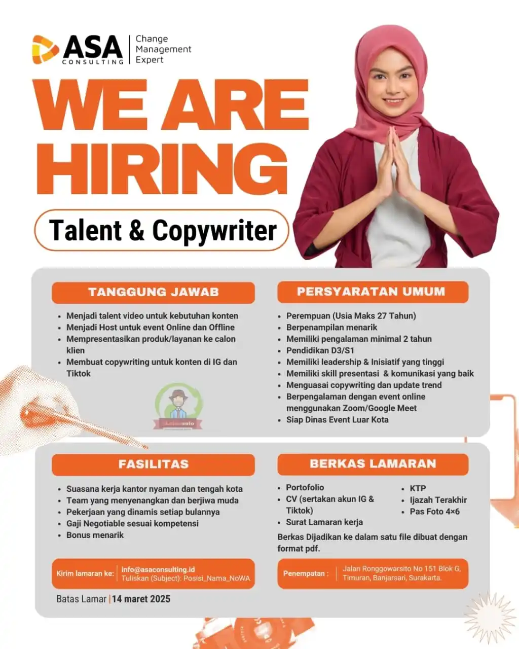 Image from Loker Solo: Talent & Copywriter Tanggung Jawab: •	Menjadi talent video untuk konte...