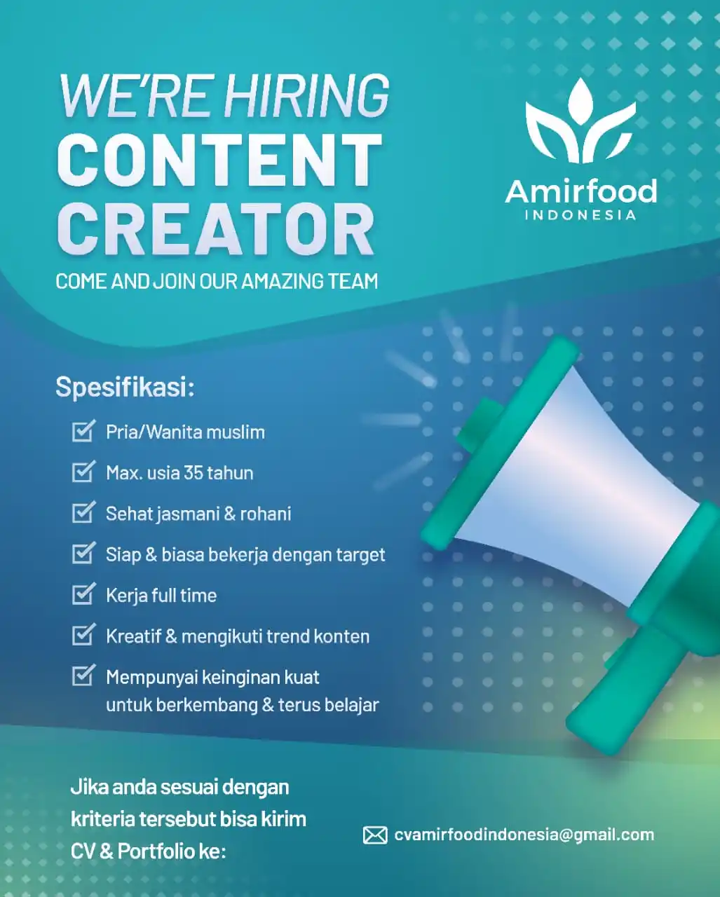 Image from Loker Solo: Info lowongan kerja di Amirfood INDONESIA sebagai : 1. CONTENT CREATO...