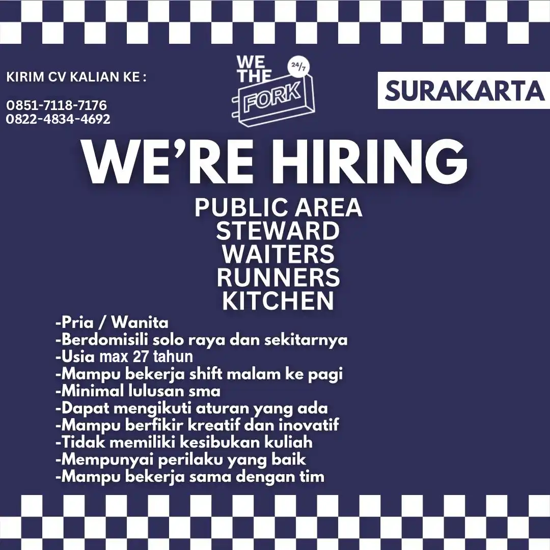 Image from Loker Solo: Info lowongan kerja di We The Fork sebagai : 1. PUBLIC AREA 2. STEWAR...