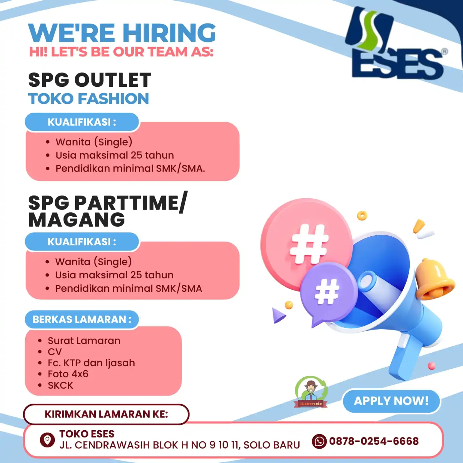 Image from Loker Solo: Info lowongan kerja di Eses sebagai : 1. SPG Outlet 2. SPG Parttime ...