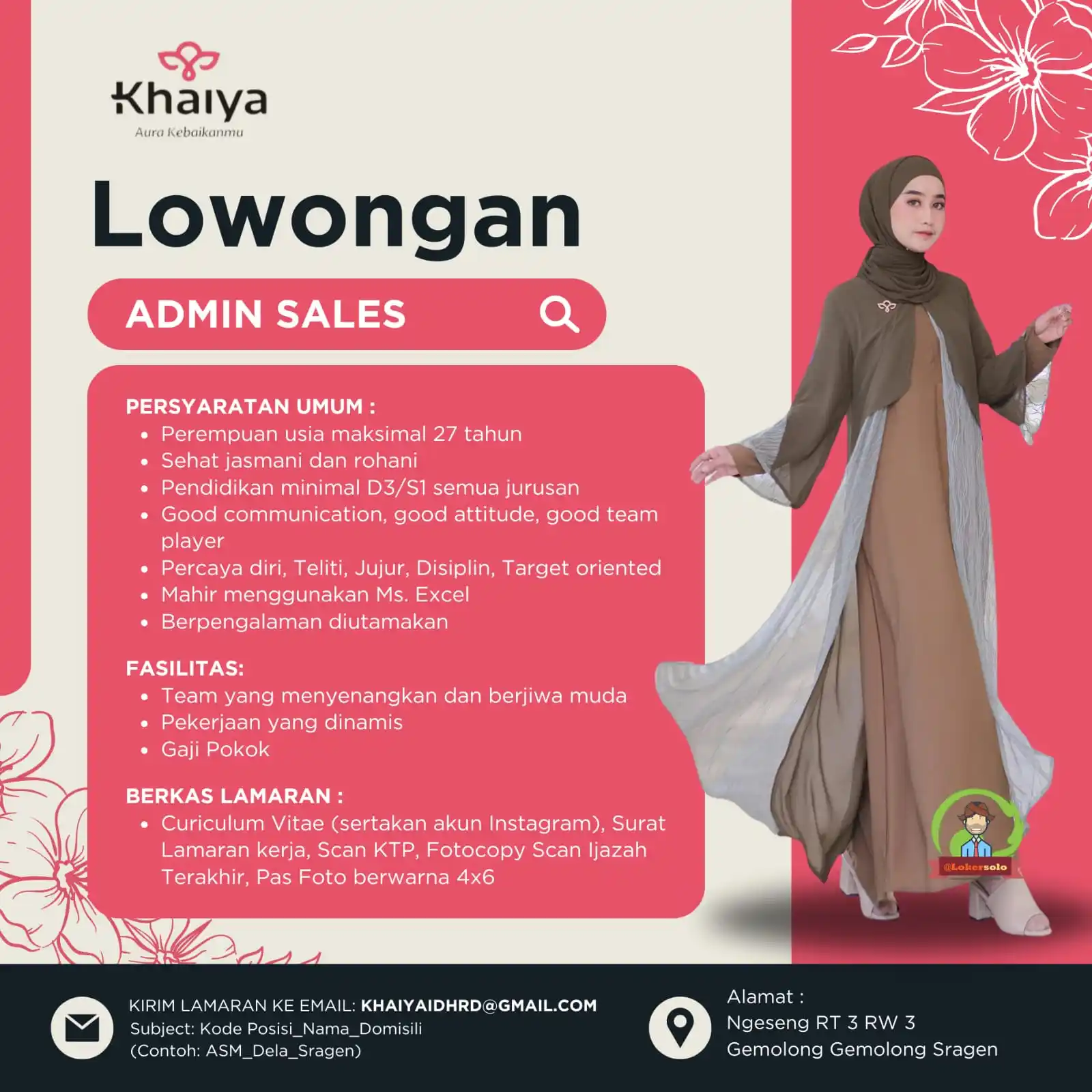 Image from Loker Solo: Info lowongan kerja di Khaiya sebagai : 1. ADMIN SALES Kualifikasi l...