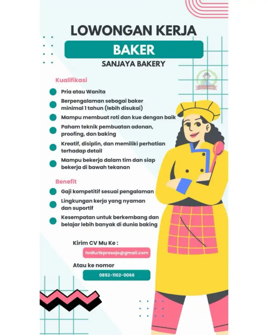 Image from Loker Solo: Info lowongan kerja di Sanjaya Bakery sebagai : 1. Baker Kualifikasi...
