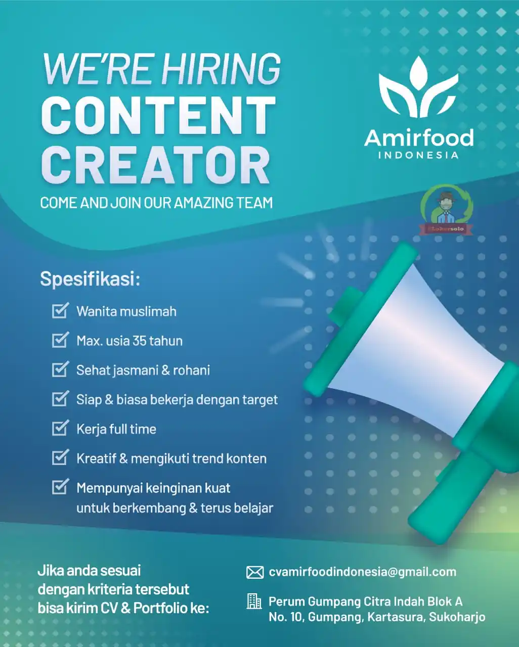 Image from Loker Solo: Info lowongan kerja di Amirfood INDONESIA sebagai : 1. CONTENT CREATO...