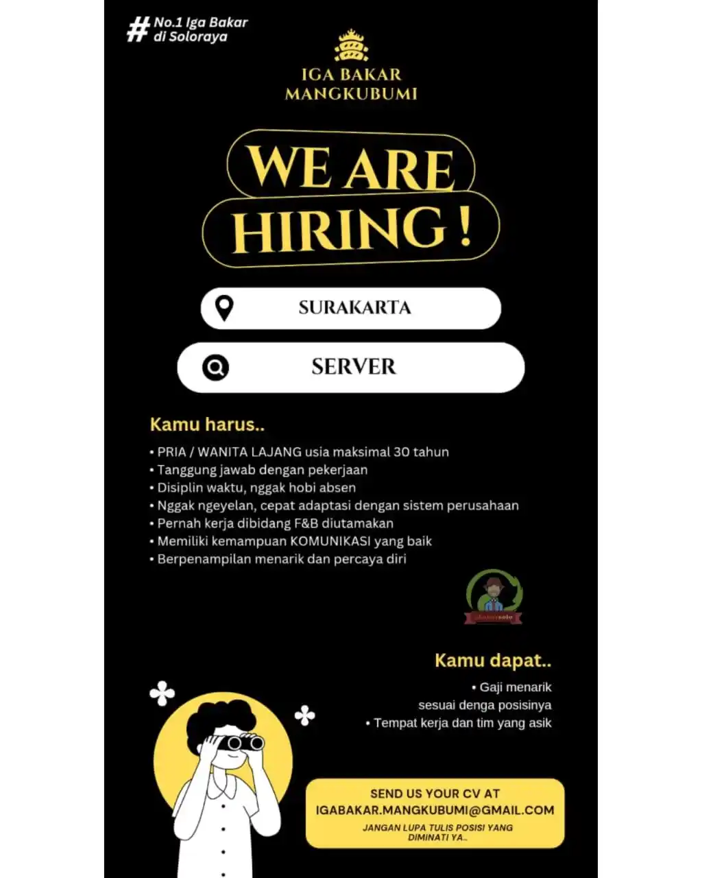 Image from Loker Solo: Info lowongan kerja di IGA BAKAR MANGKUBUMI sebagai : 1. SERVER Kual...
