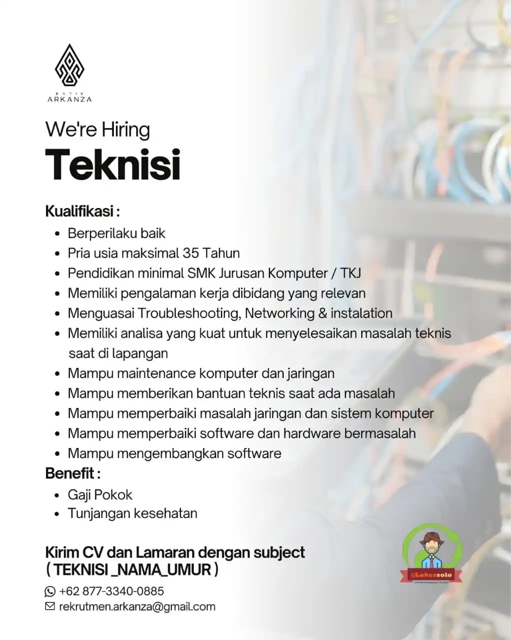 Image from Loker Solo: Info lowongan kerja di BATIK ARKANZA sebagai : 1. Teknisi Kualifikas...