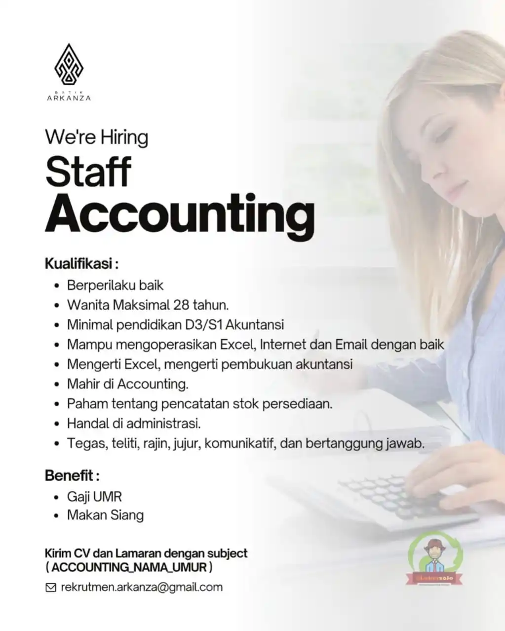 Image from Loker Solo: Info lowongan kerja di BATIK ARKANZA sebagai : 1. Staff Accounting K...