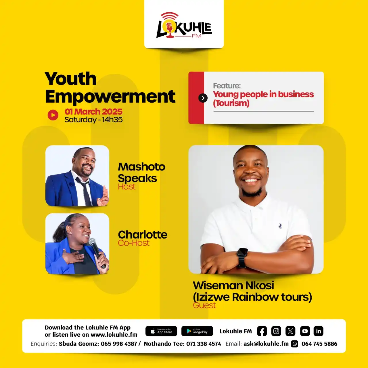 Image from Lokuhle FM: Wiseman Nkosi from Izizwe Rainbow Tours will be talking to Charlotte a...