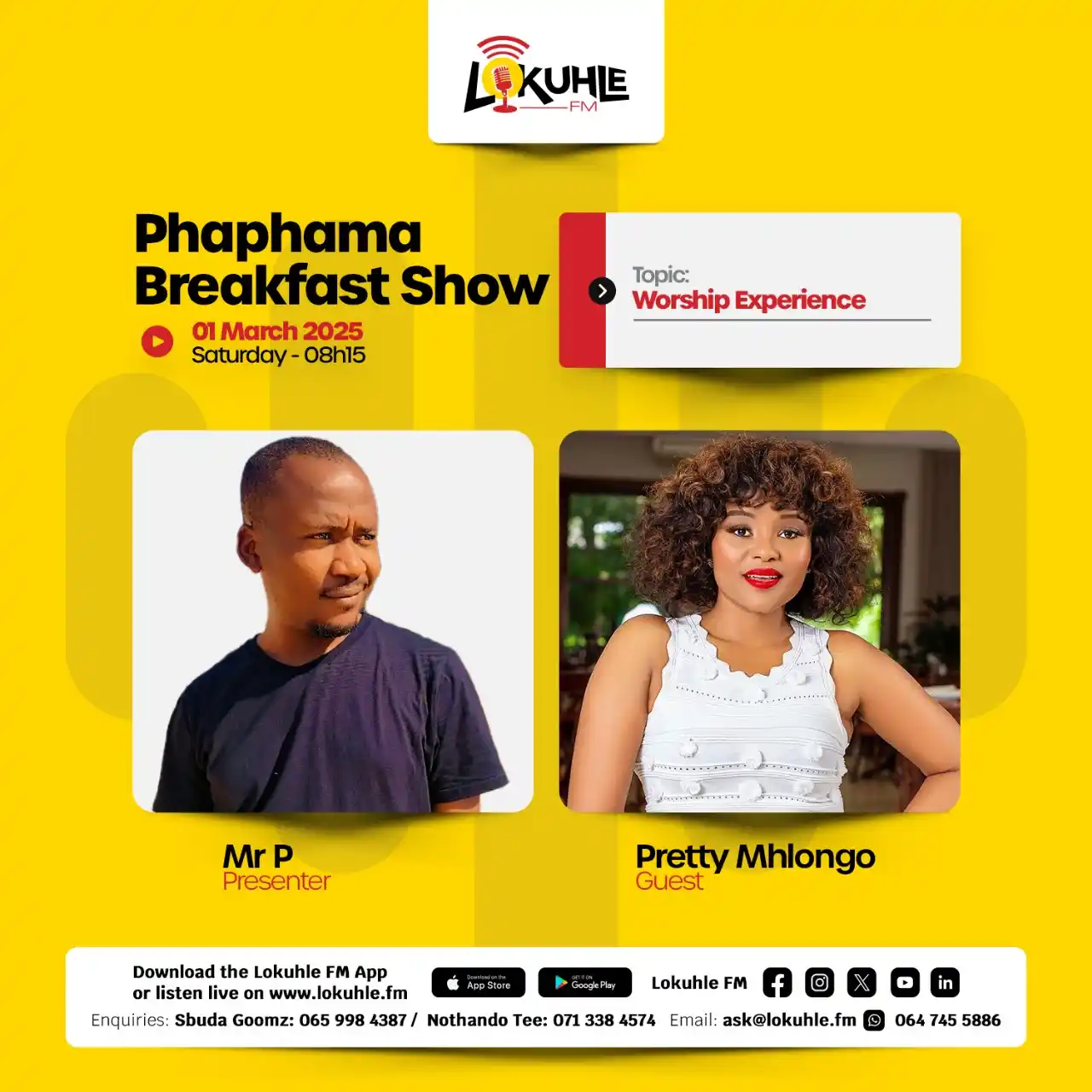 Image from Lokuhle FM: Pretty Mhlongo will be joining Mr. P talking about the worship experie...