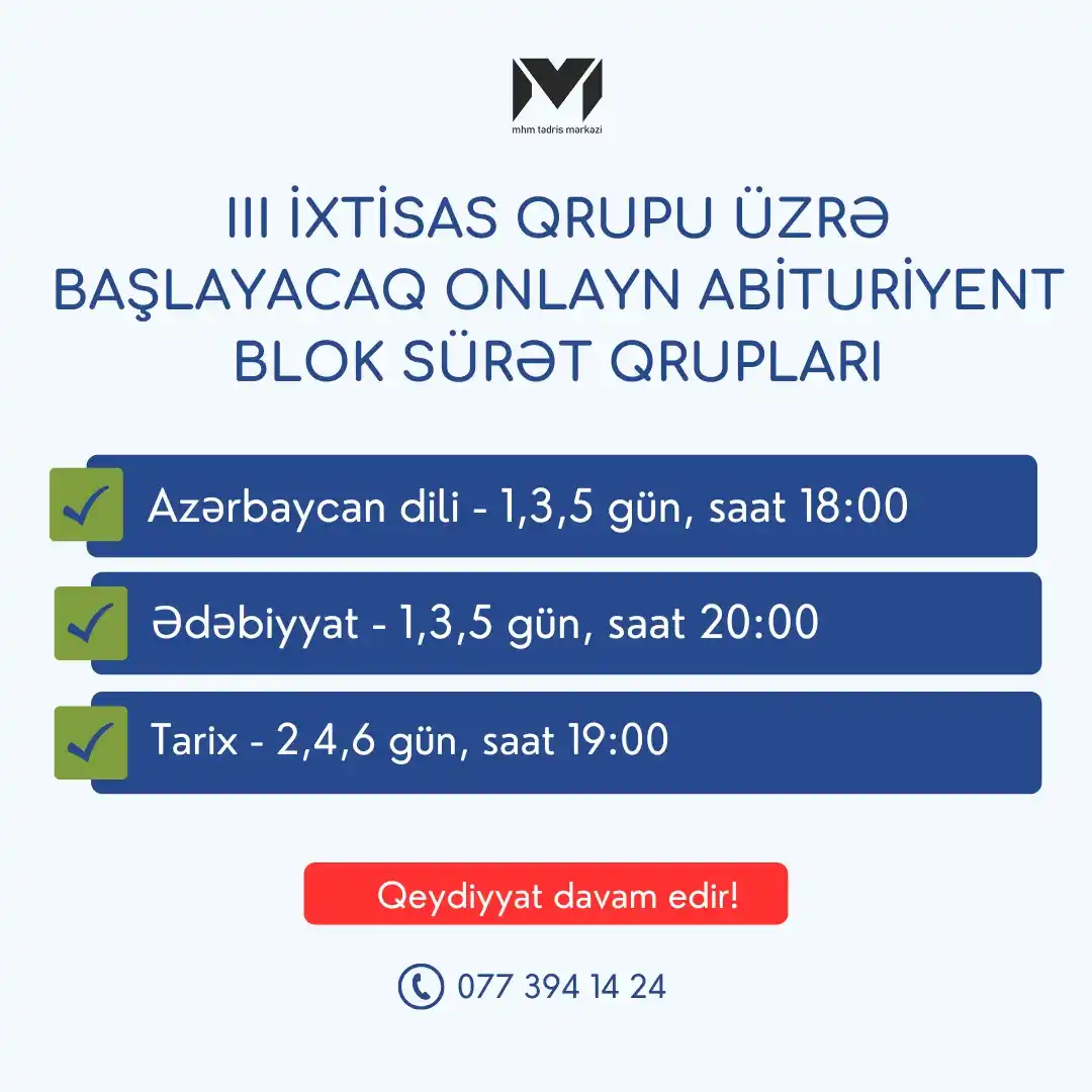 Image from MHM Abituriyent Şöbəsi: 🤩 Bütün fənlər üzrə Sıfırdan Onlayn Blok Sürət Qruplarımıza qeydiyyat...
