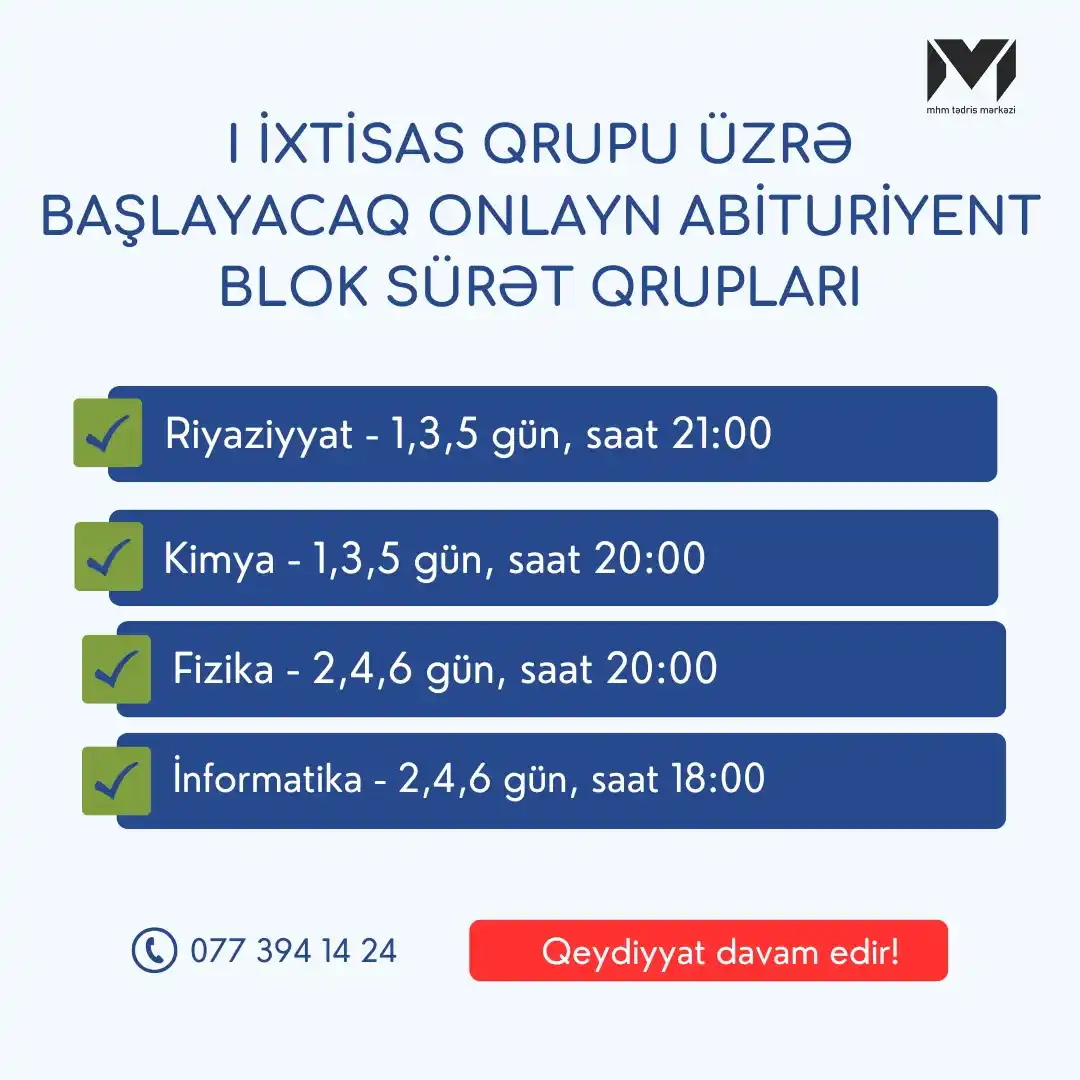 Image from MHM Abituriyent Şöbəsi: 🤩 Bütün fənlər üzrə Sıfırdan Onlayn Blok Sürət Qruplarımıza qeydiyyat...