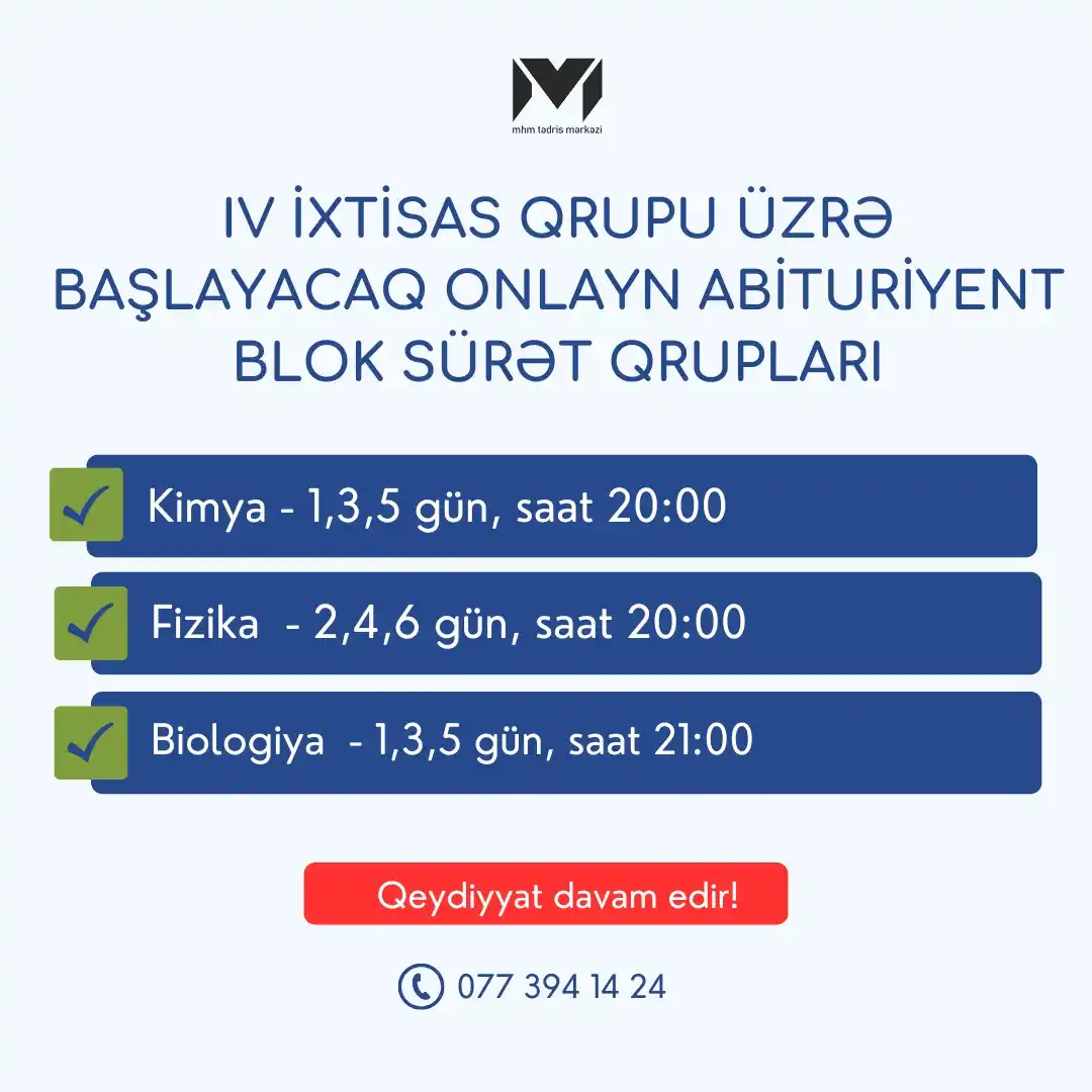 Image from MHM Abituriyent Şöbəsi: 🤩 Bütün fənlər üzrə Sıfırdan Onlayn Blok Sürət Qruplarımıza qeydiyyat...