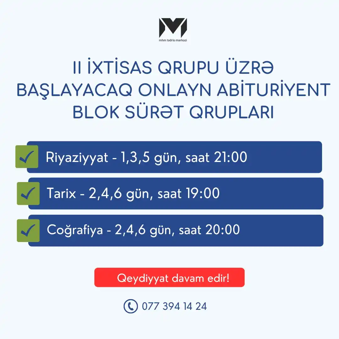 Image from MHM Abituriyent Şöbəsi: 🤩 Bütün fənlər üzrə Sıfırdan Onlayn Blok Sürət Qruplarımıza qeydiyyat...