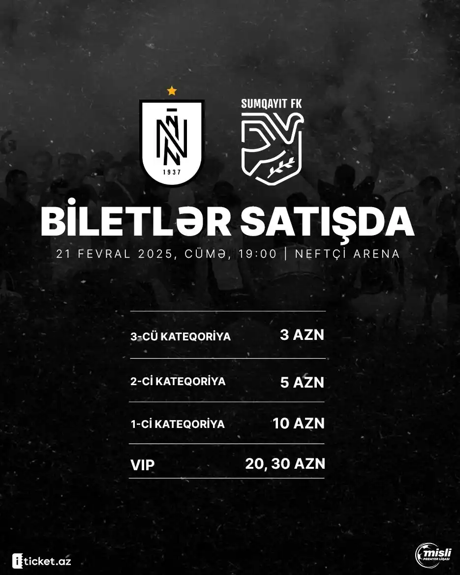 Image from Neftçi PFK: 🎫 “Neftçi” – “Sumqayıt” matçının biletləri satışa çıxarılıb. Qiyməti ...