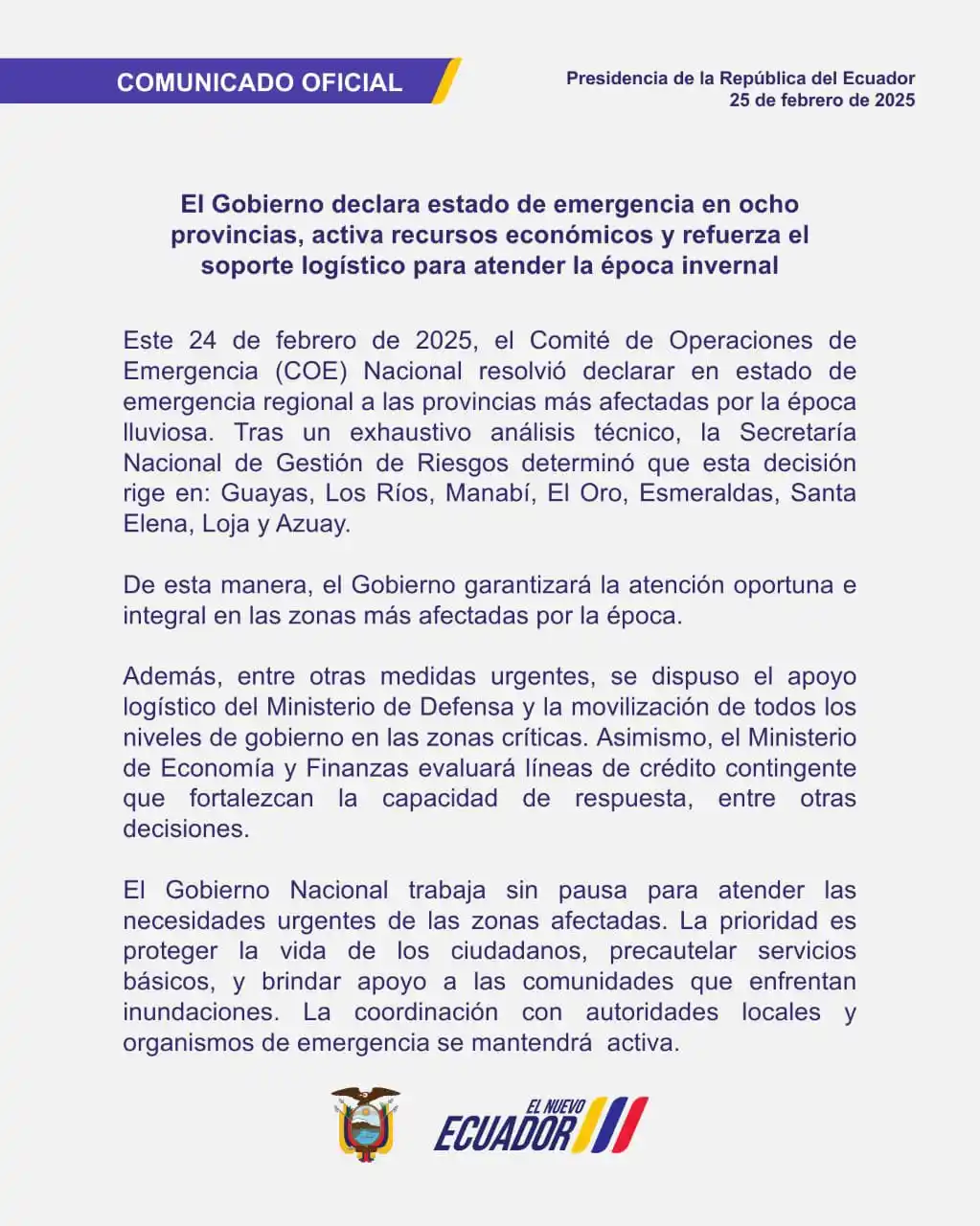 Image from NotiDiario Ecuador: El Gobierno Nacional declaró la emergencia en ocho provincias del país...