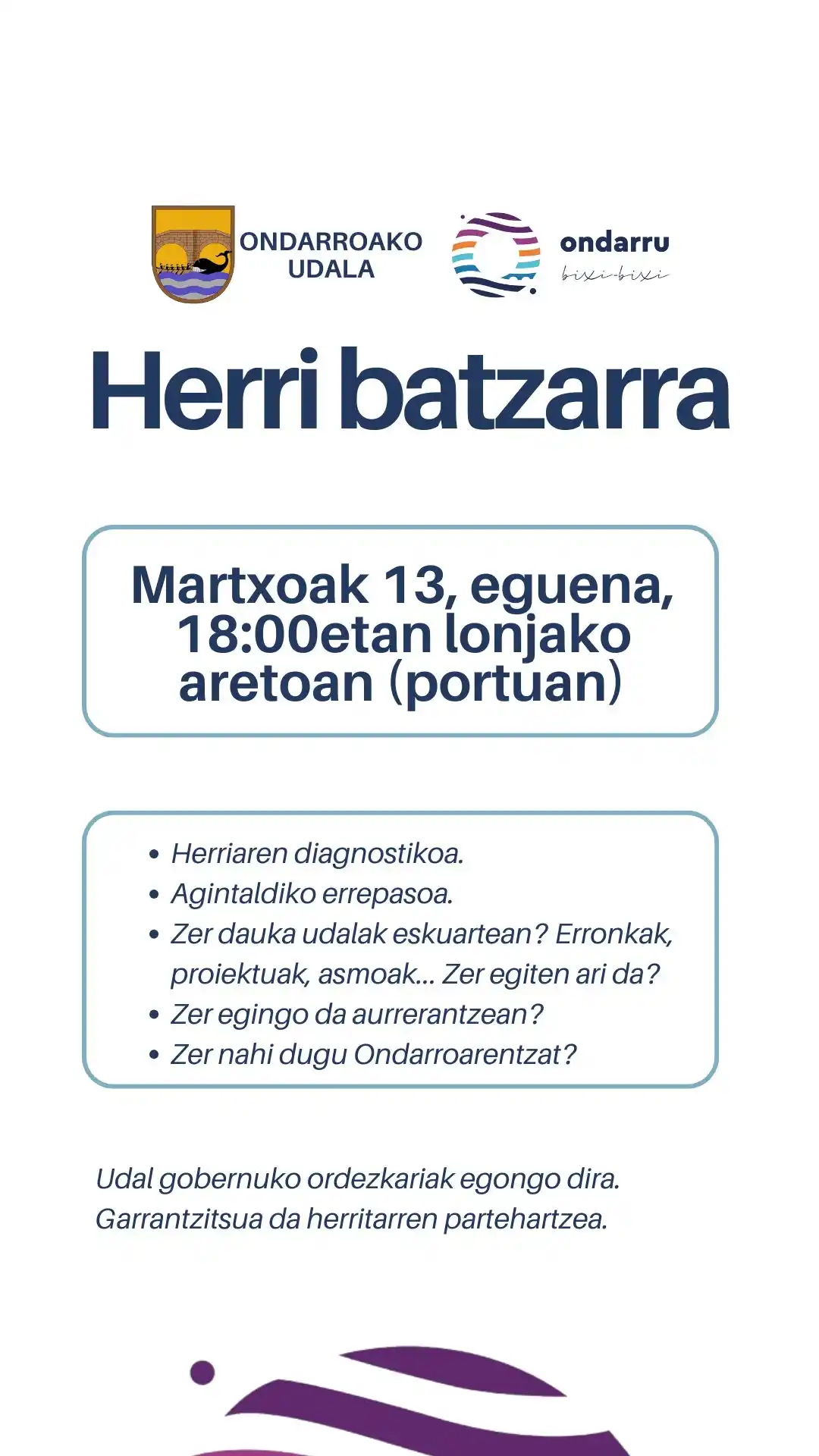 Image from Ondarroako Udala: [UDALA] 📣Herri batzarra antolatu du udalak martxoaren 13rako:  📊 Her...