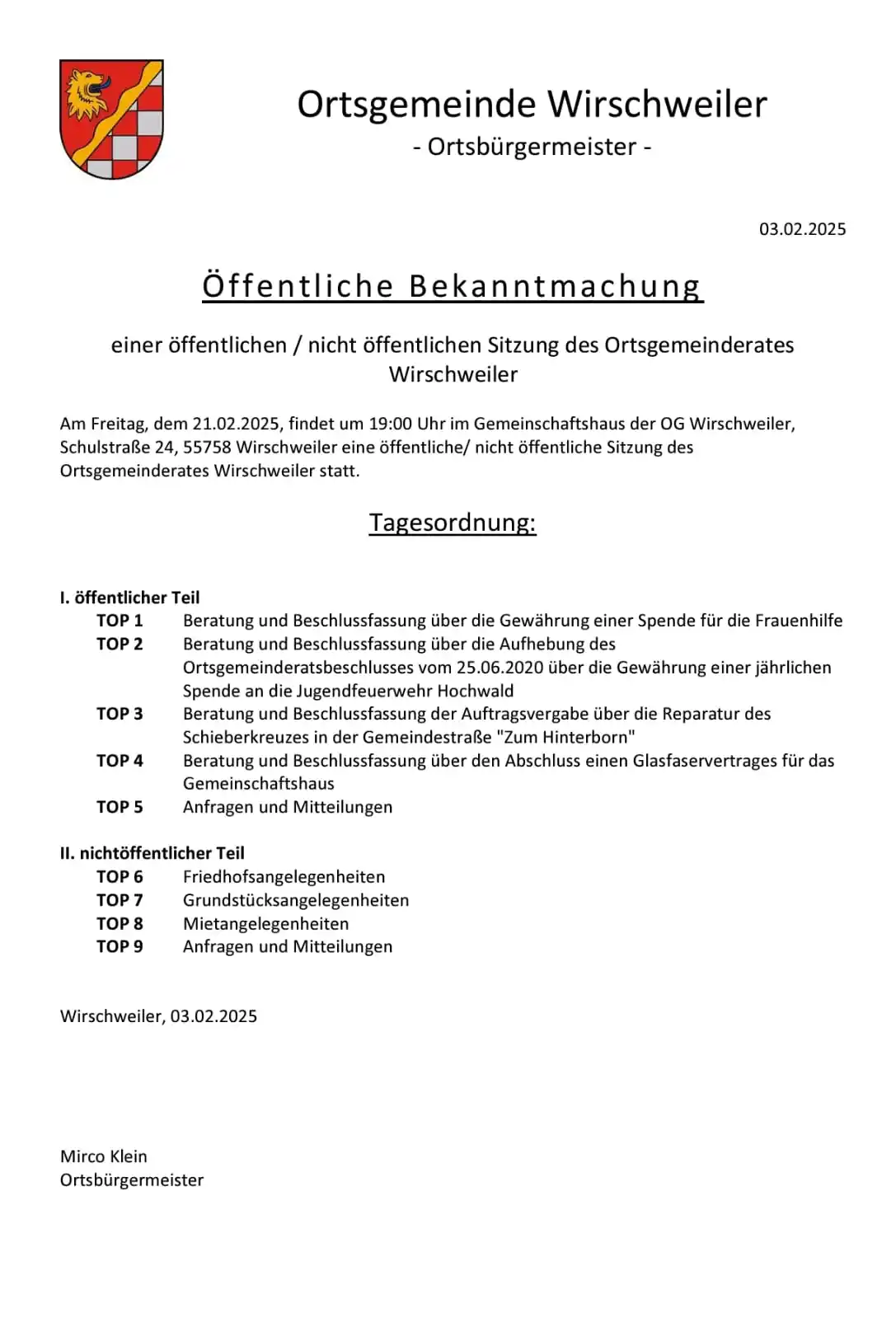 Ortsgemeinde Wirschweiler post