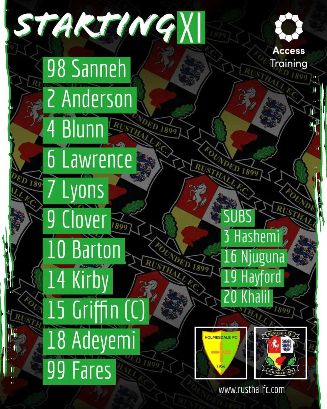 Image from Rusthall FC: 📝 𝗧𝗘𝗔𝗠 𝗡𝗘𝗪𝗦 Here’s how we line-up to face Holmesdale this af...