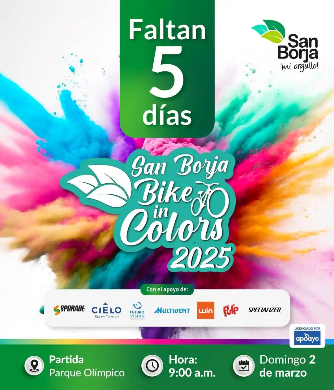 Image from San Borja Informa📢: 🚴‍♂️✨ ¡𝟓 𝐝í𝐚𝐬 para la aventura más colorida! 🚴‍♀️✨  Súmate a 𝐒�...
