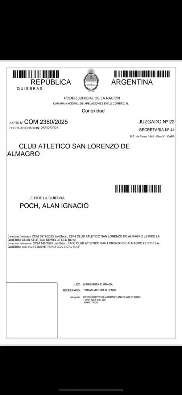 Image from SAN LORENZO DE ALMAGRO: 🚨 *PEDIDO DE QUIEBRA PARA SAN LORENZO.* 👉🏽En el día de ayer, se of...