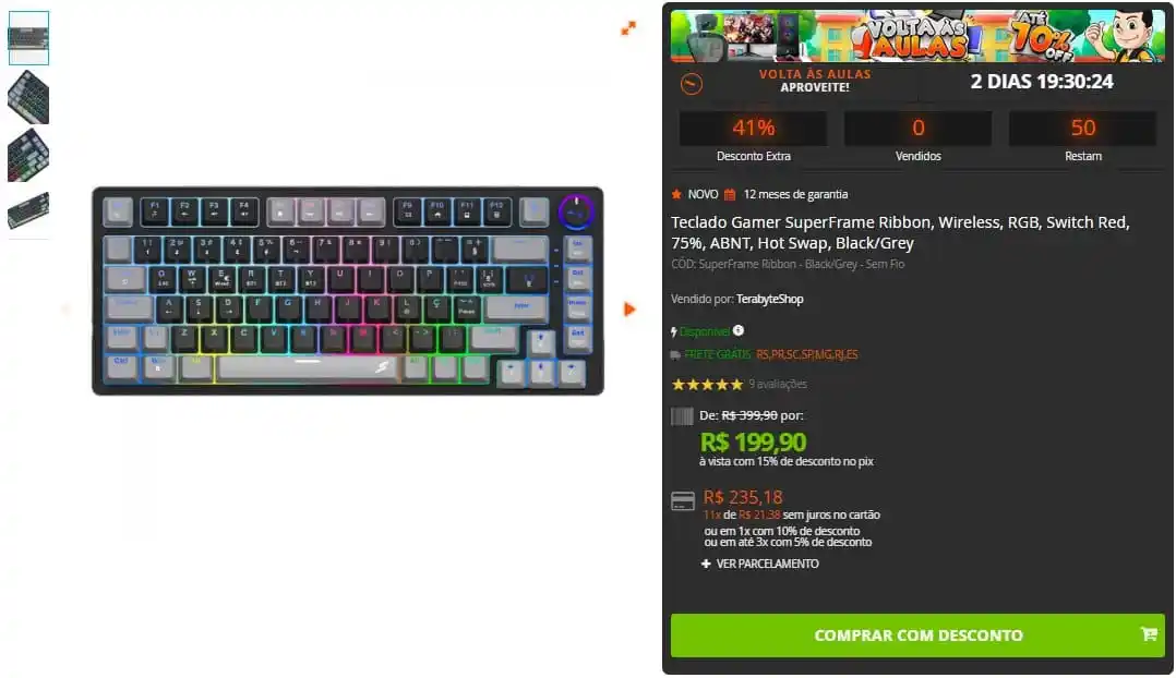 Image from 🔥 Shark das Promoções: 🔥 Teclado Gamer SuperFrame Ribbon, Wireless, RGB, Switch Red, 75%, AB...